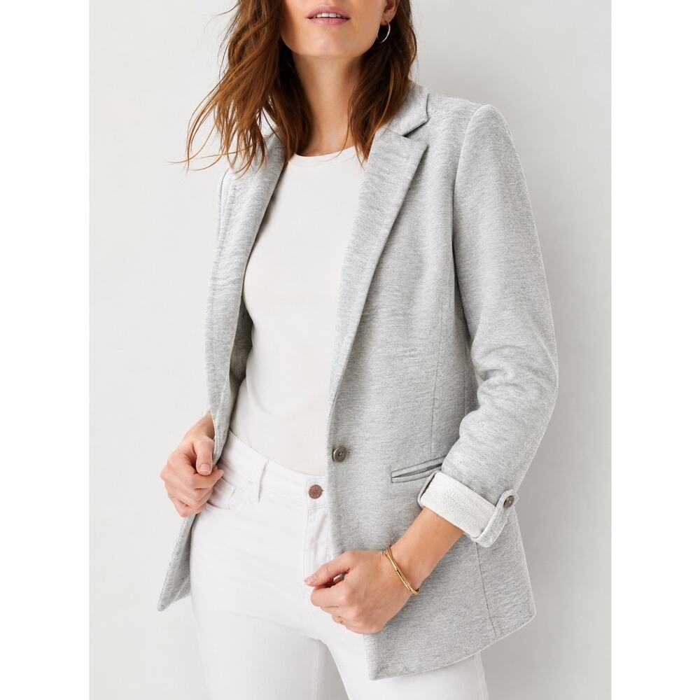 Ann Taylor Knit Blazer Jacket Gray Heather Cotton One Button Roll Tab Sleeve 6
